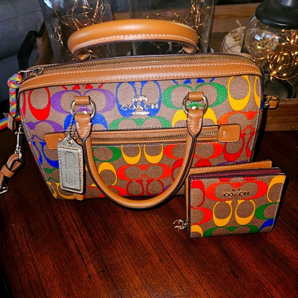 Coach Handbags - Coach Rowan Satchel Bag and Wallet ln Rainbow Signature Canvas